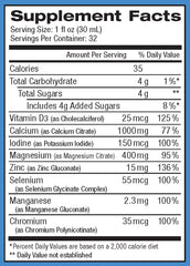 Liquid ReViva calcium twin-pack bottle back shows gluten-free labeling