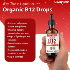 LiquidHealth B12 drops label displays USDA Organic certification.