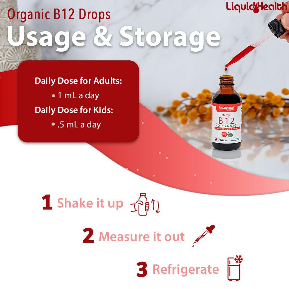 LiquidHealth B12 drops watermelon flavor bottle ready to mix.