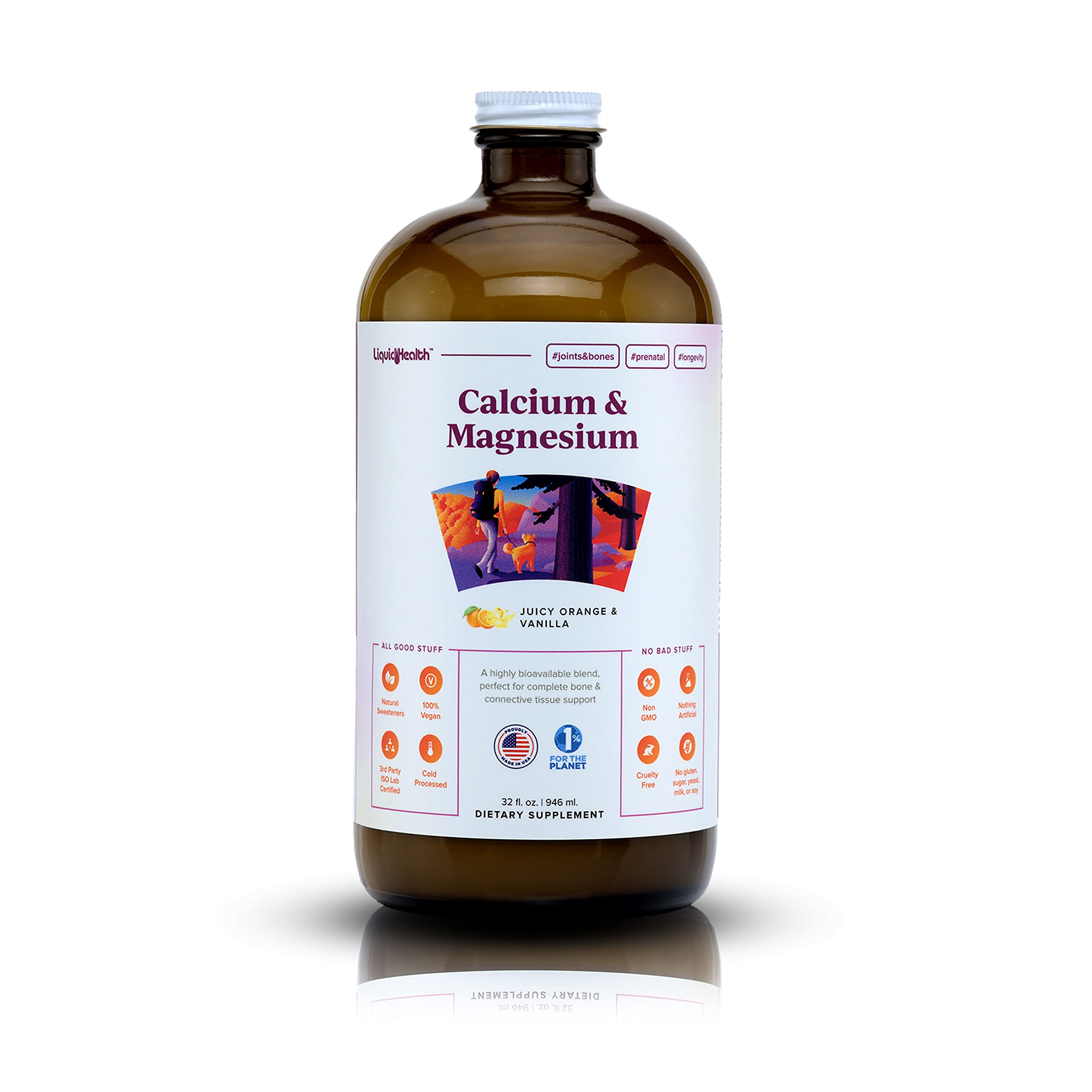 LIQUIDHEALTH Calcium & Magnesium bottle-pour enables easy dosing for bone support.