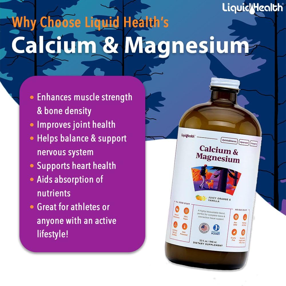 LIQUIDHEALTH label highlights essential nutrients for bone health and function.
