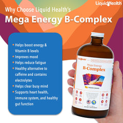 LIQUIDHEALTH Mega Energy B-Complex back label highlighting vegan and sugar-free formula.