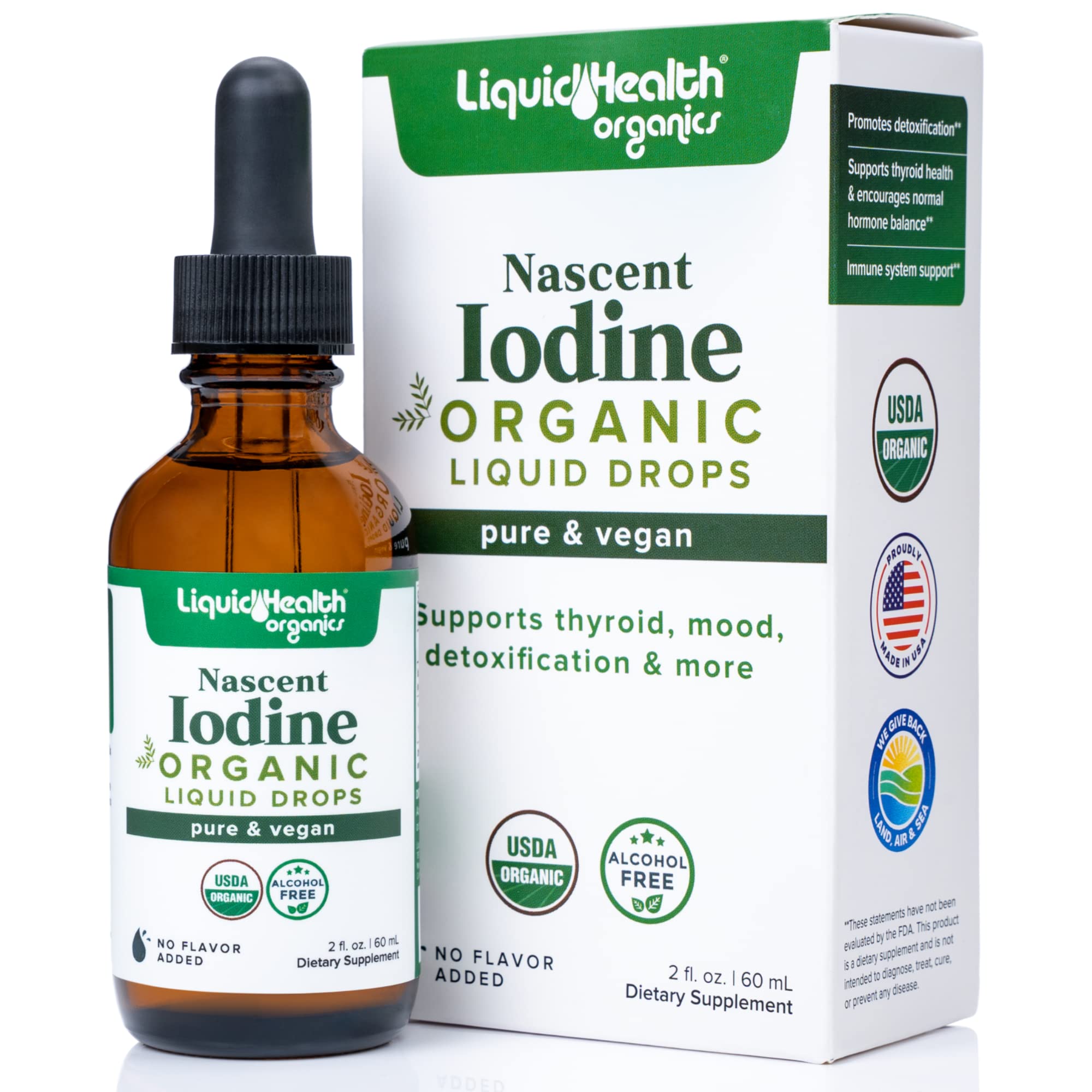 LIQUIDHEALTH nascent iodine drops bottle showing clear tincture for easy daily use and potential thyroid support