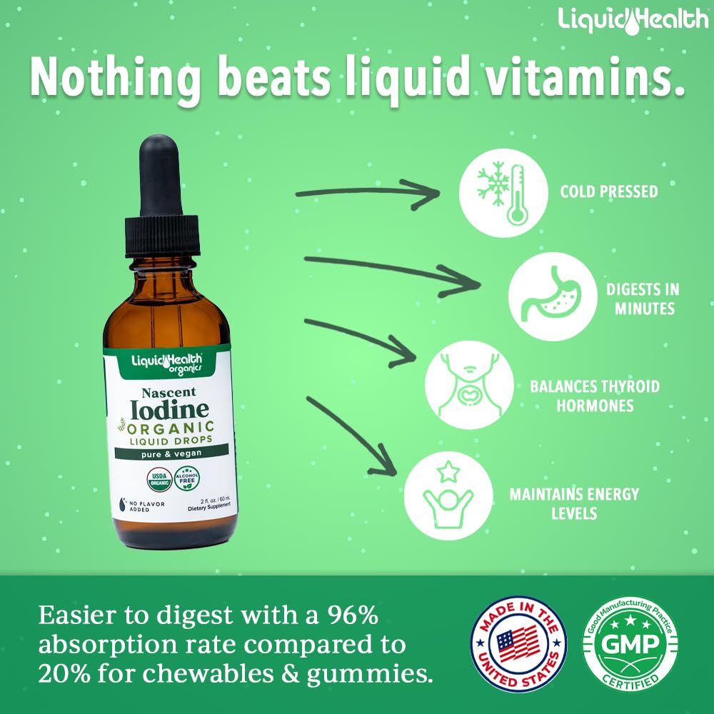 LIQUIDHEALTH nascent iodine drops pour demonstrates precise dosing with a fast absorption focus