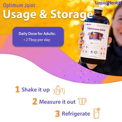 LIQUIDHEALTH Optimum Joint measure graphic showcases two tablespoons daily dosage.