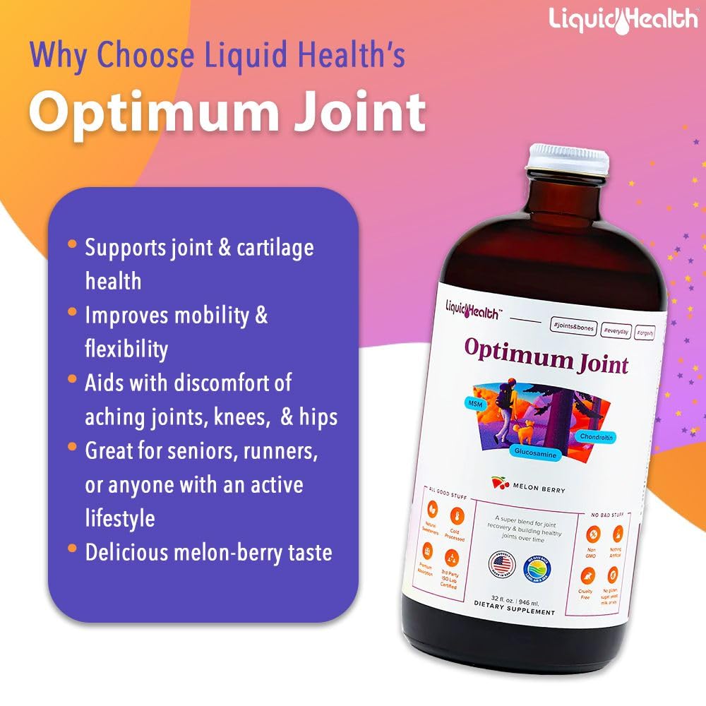 LIQUIDHEALTH Optimum Joint pour image emphasizing fast-absorbing liquid formula.