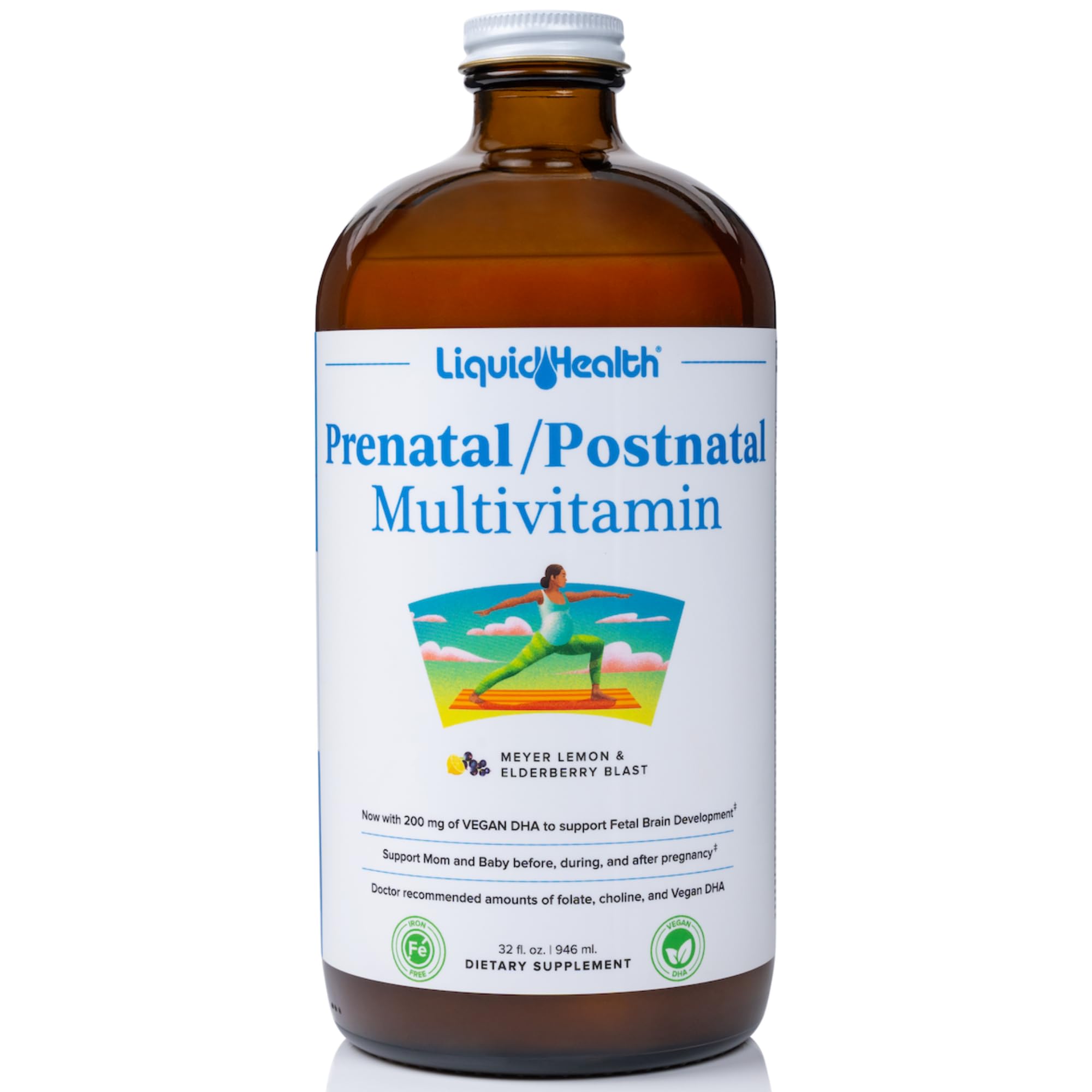 LIQUIDHEALTH Prenatal bottle pour demonstrates easy dosing and fast absorption.