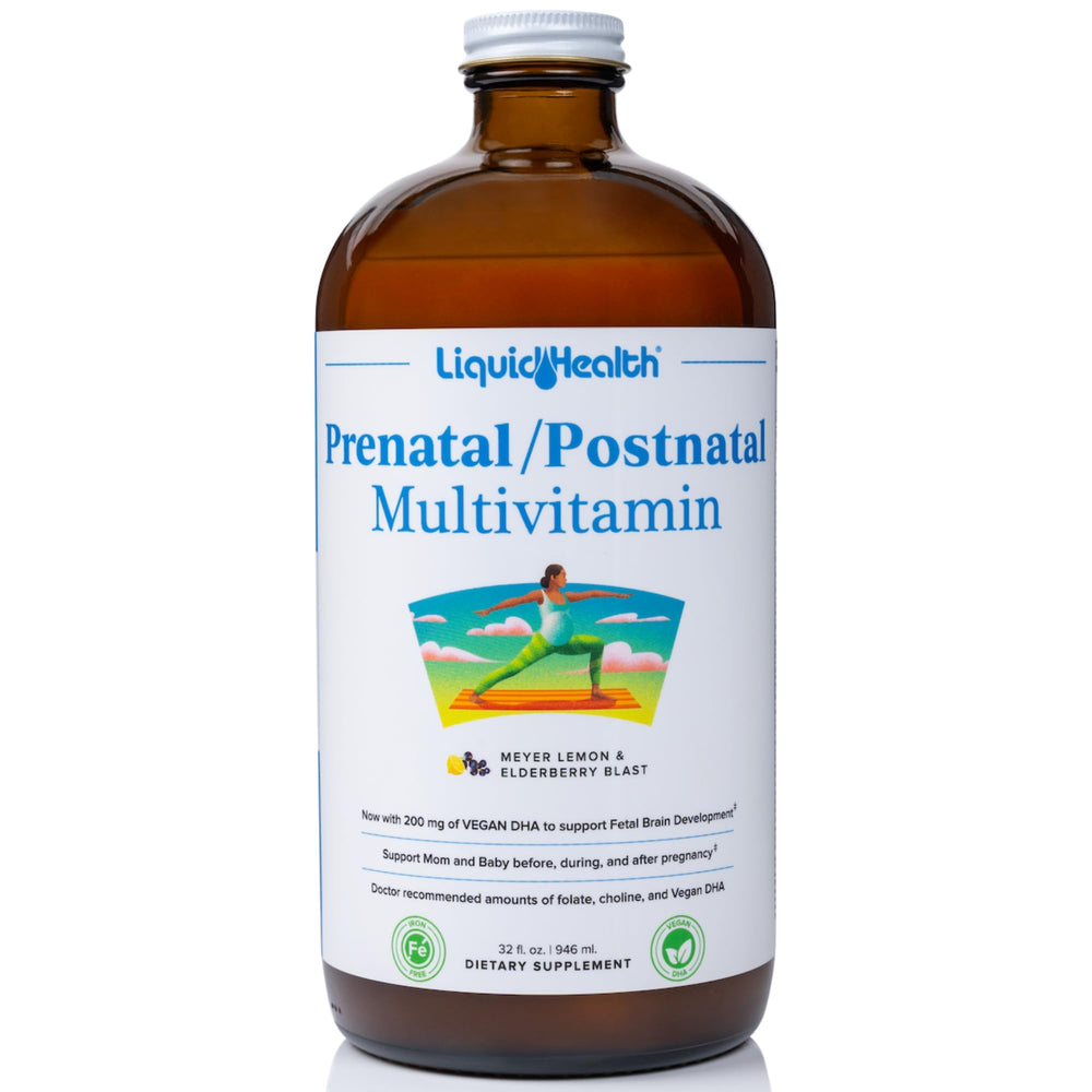 LIQUIDHEALTH Prenatal bottle pour demonstrates easy dosing and fast absorption.
