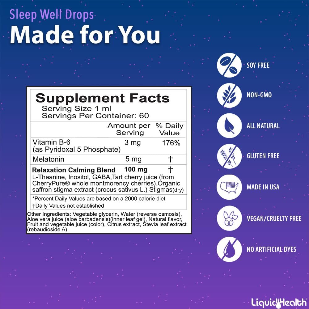 LIQUIDHEALTH Sleep Well Drops being poured into glass for bedtime