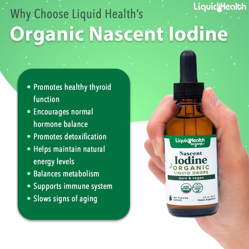 LIQUIDHEALTH USDA Organic iodine drops label highlights vegan, gluten free organic formula
