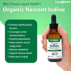 LIQUIDHEALTH USDA Organic iodine drops label highlights vegan, gluten free organic formula