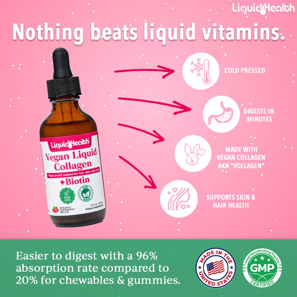 LIQUIDHEALTH vegan collagen in a glass with drops for daily addition.