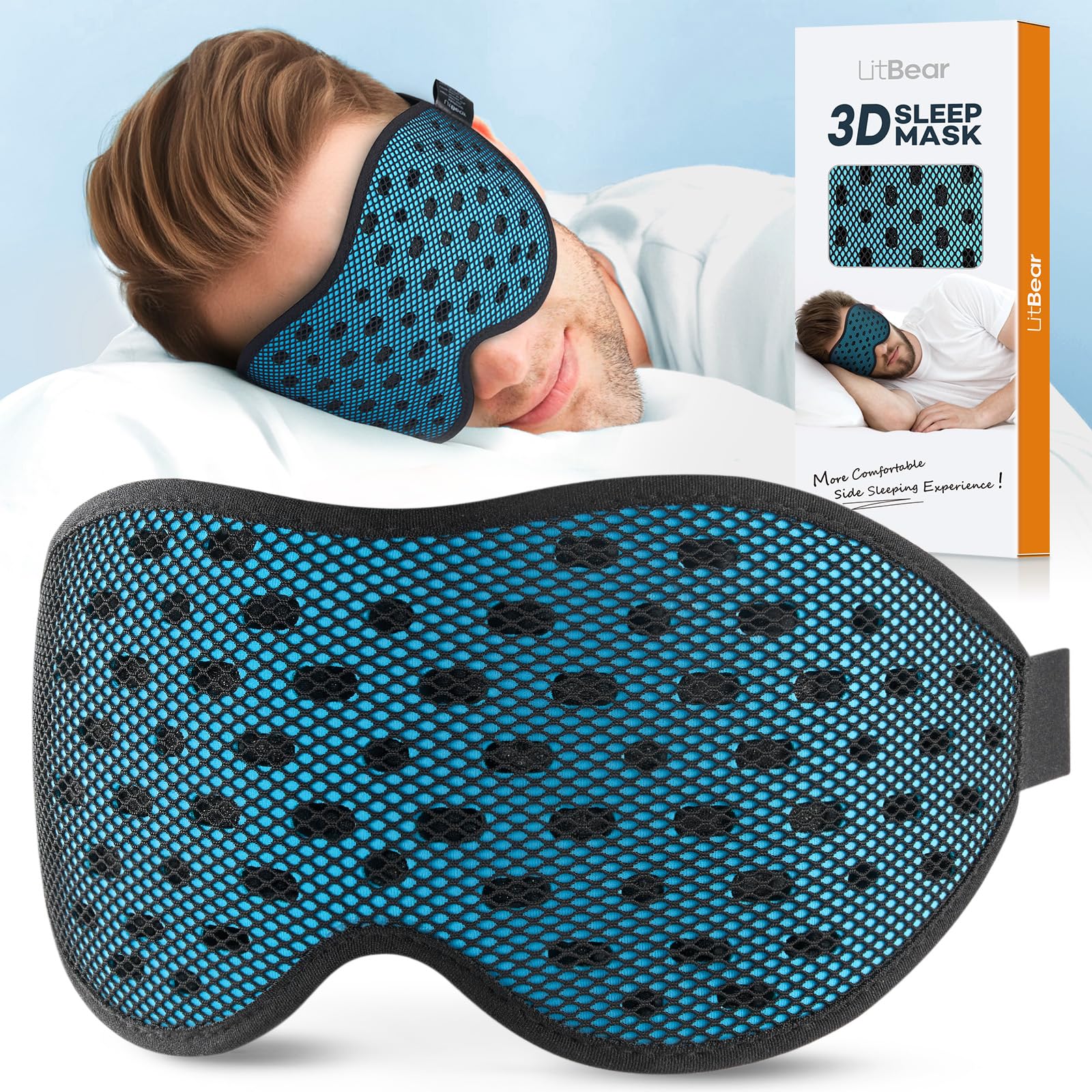 LitBear breathable sleep mask front view for cool, comfortable all-night wear.