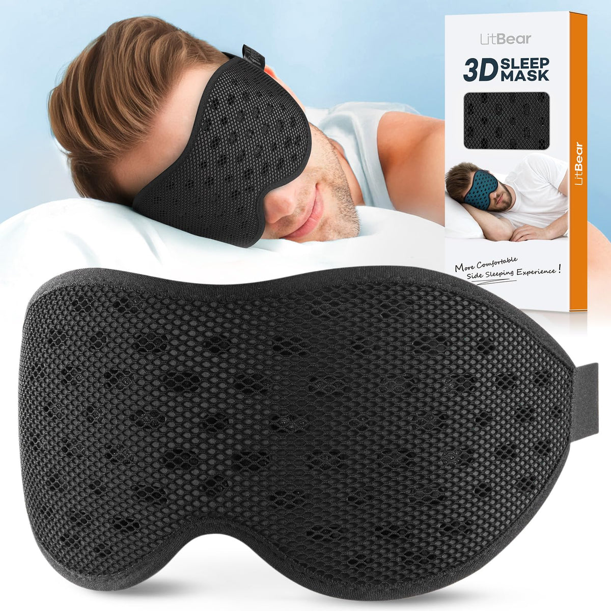 LitBear breathable sleep mask with mesh fabric for cool comfort.