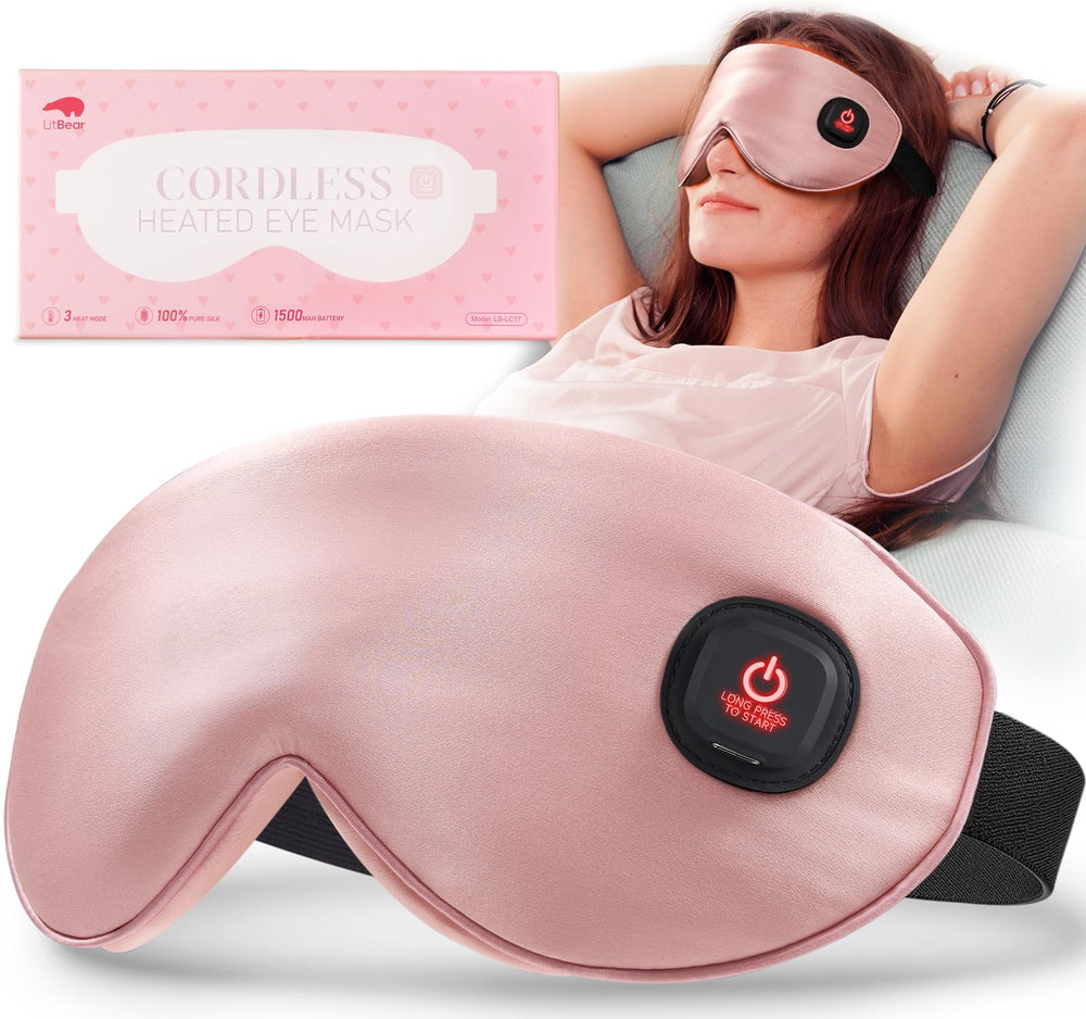 LitBear heated eye mask silk-on-face pink delivers gentle warmth for soothing eye comfort.