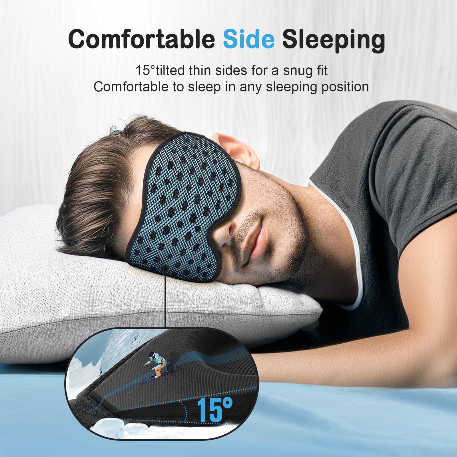 LitBear side-sleeper design with 15-degree pads relieves temple pressure