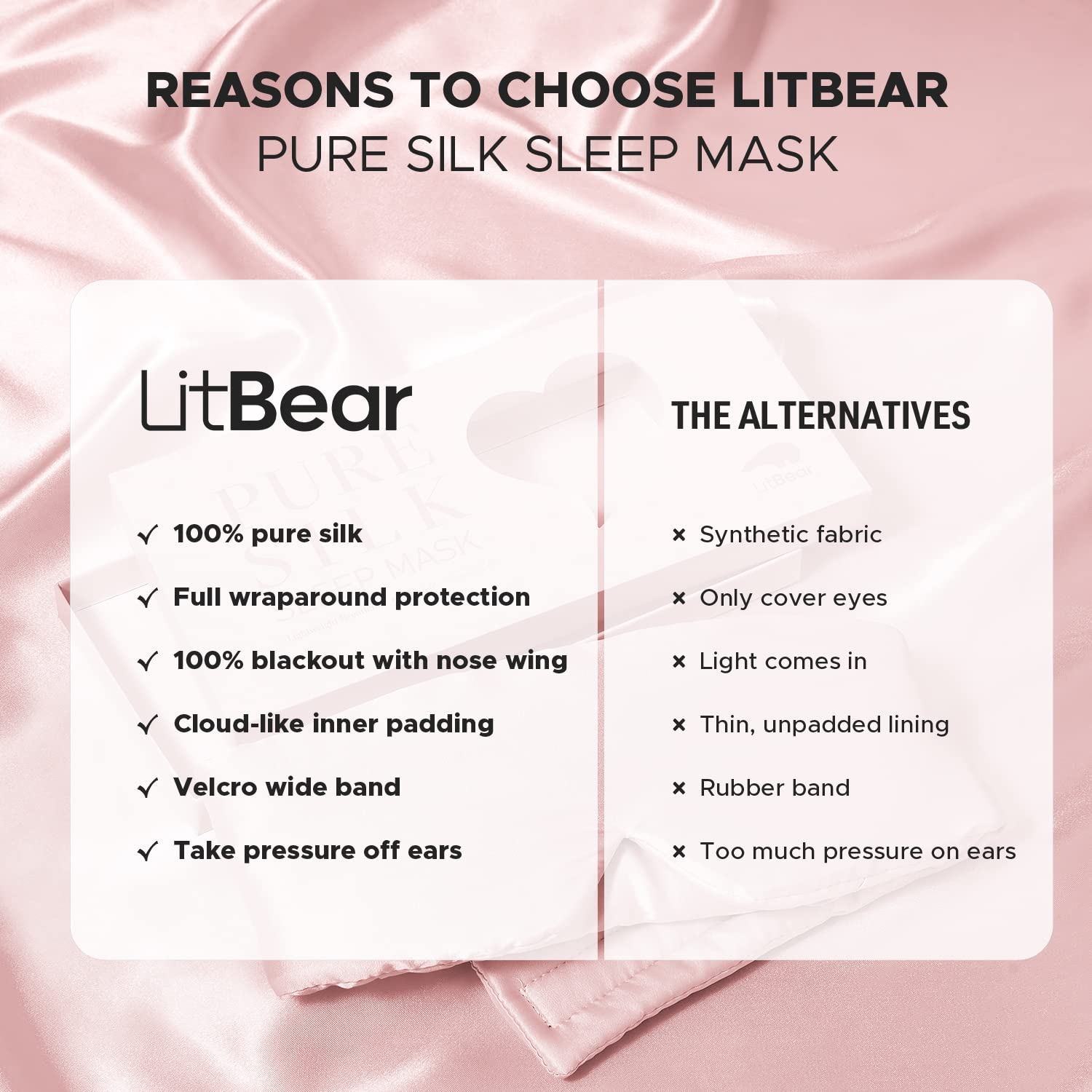LitBear pink eye mask blocks light from all angles for restful sleep.