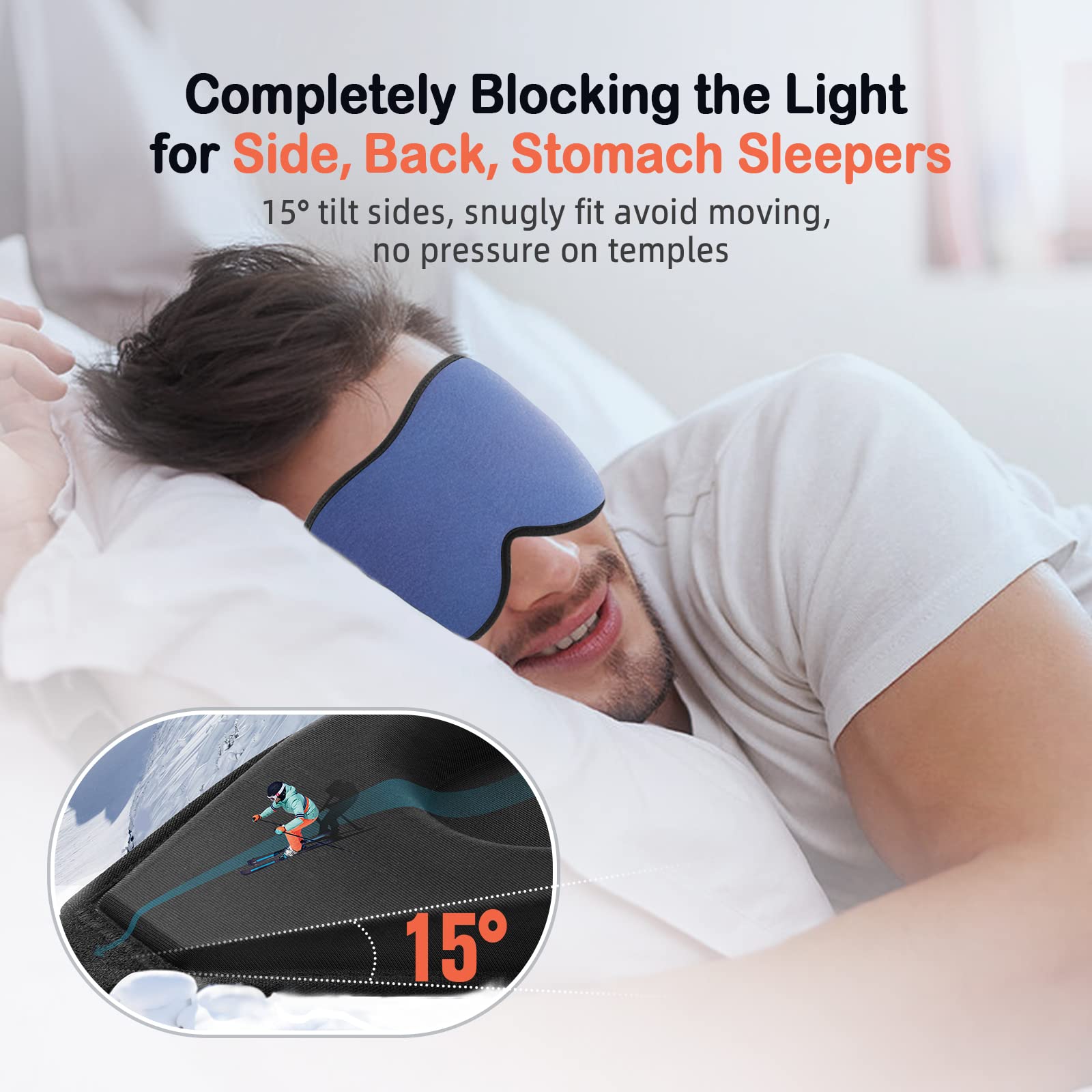 LitBear Sleep Mask in side-sleep position reduces temple pressure for comfort.