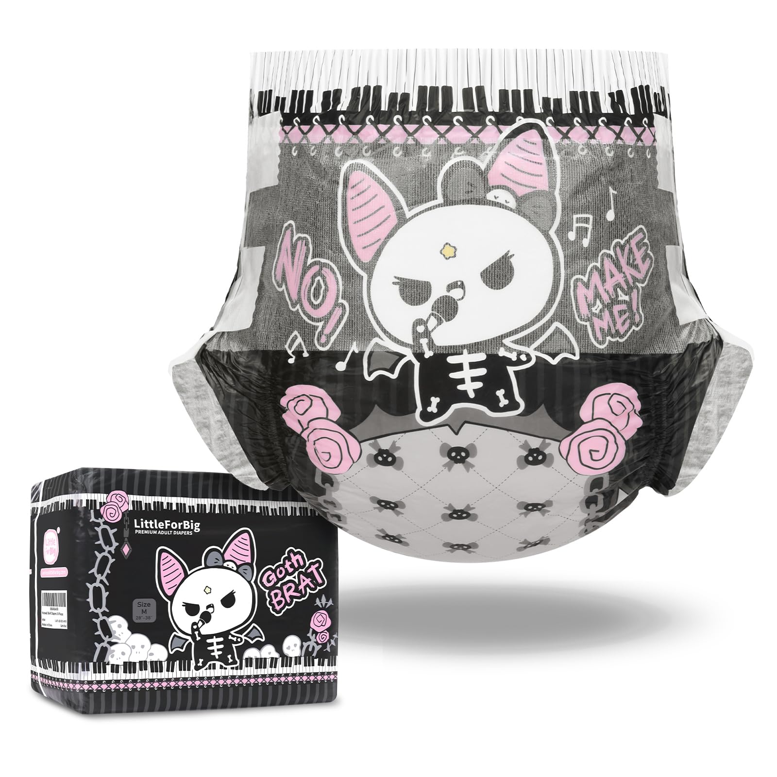 Littleforbig Goth Brat diaper front art featuring Bella the Bat for bold, expressive play.
