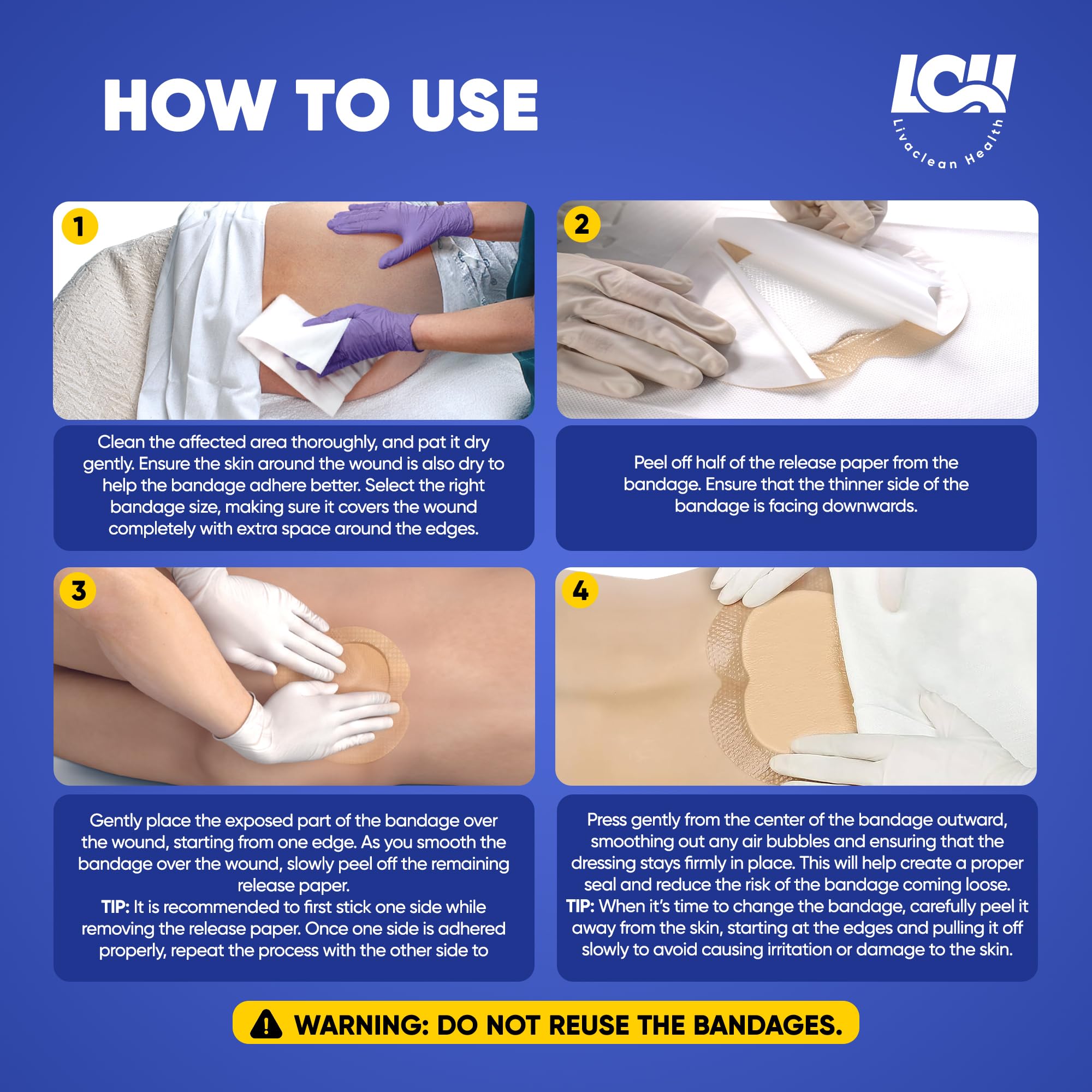 Livaclean bed sore bandages 9x9 front view for larger coverage
