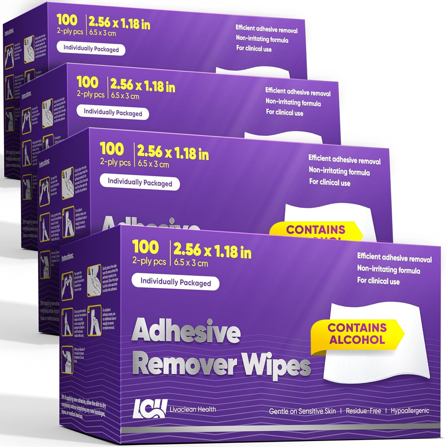 Livaclean Health adhesive remover wipes 400ct packaging, ideal for bulk travel and quick adhesive cleanup.