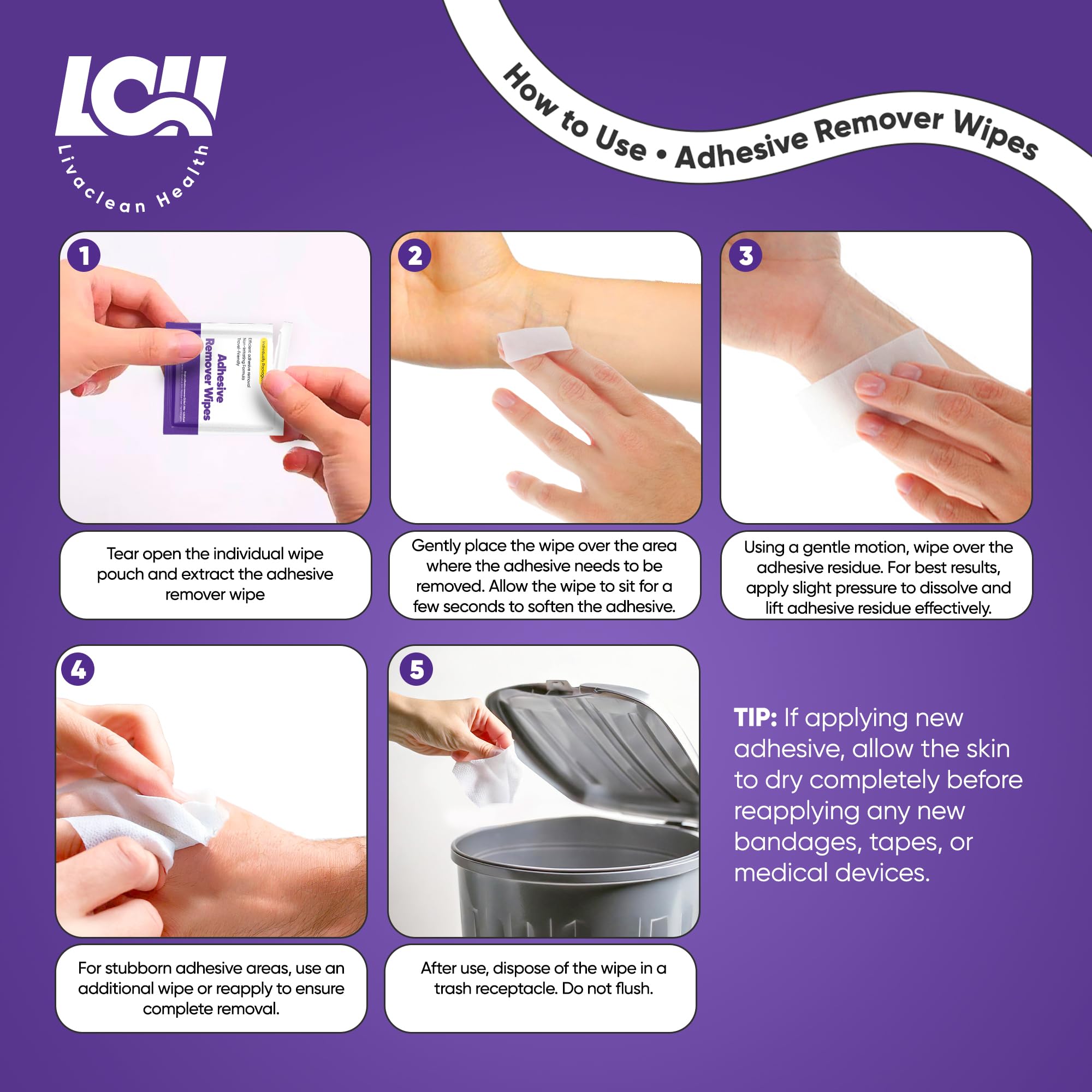 Livaclean Health wipes gently lift residue from bandages without sting.