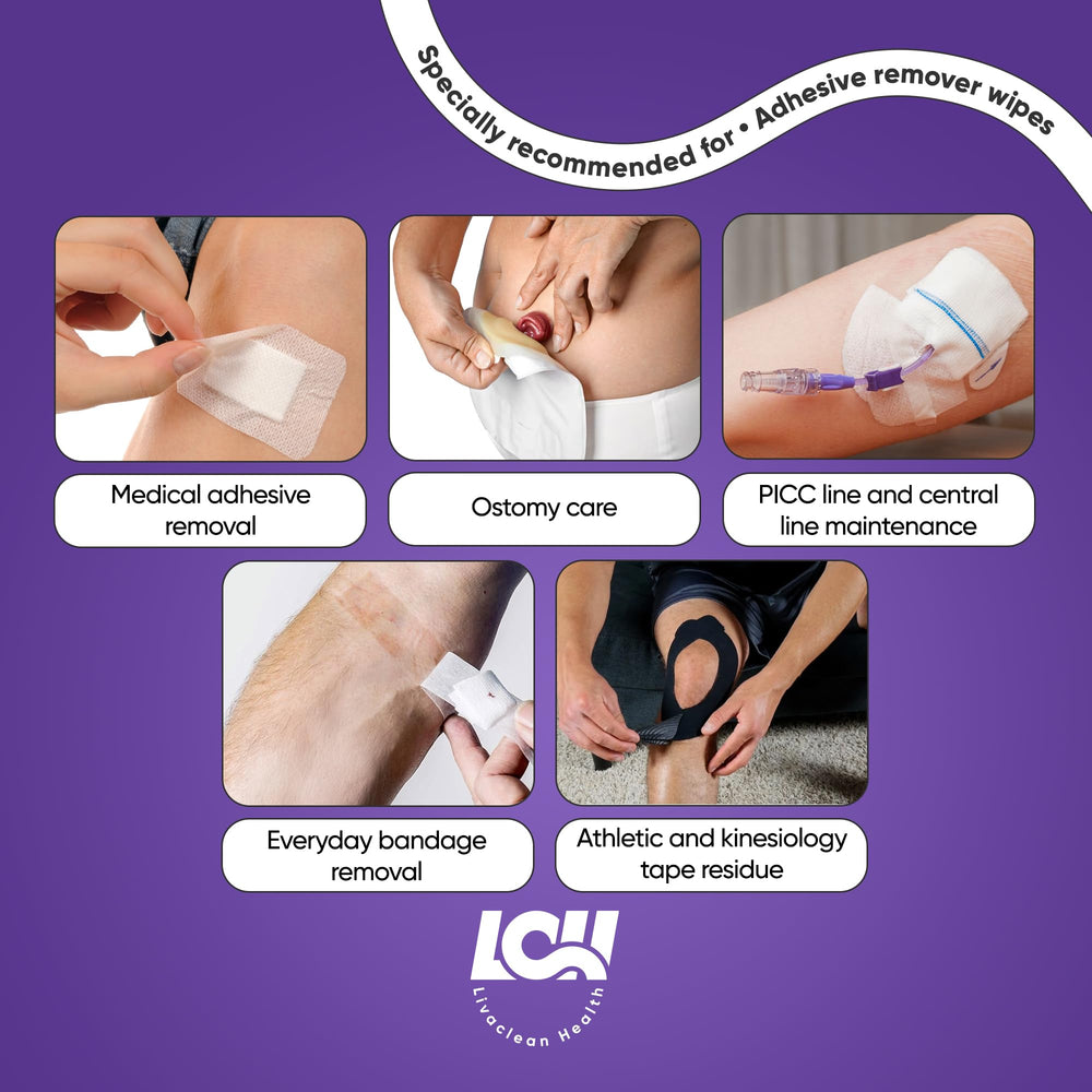 Livaclean Health adhesive remover wipes offer gentle skin care.