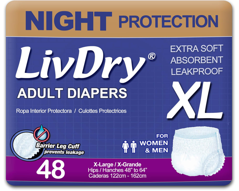 LivDry Adult XL Overnight Underwear image shows secure fit for overnight protection.