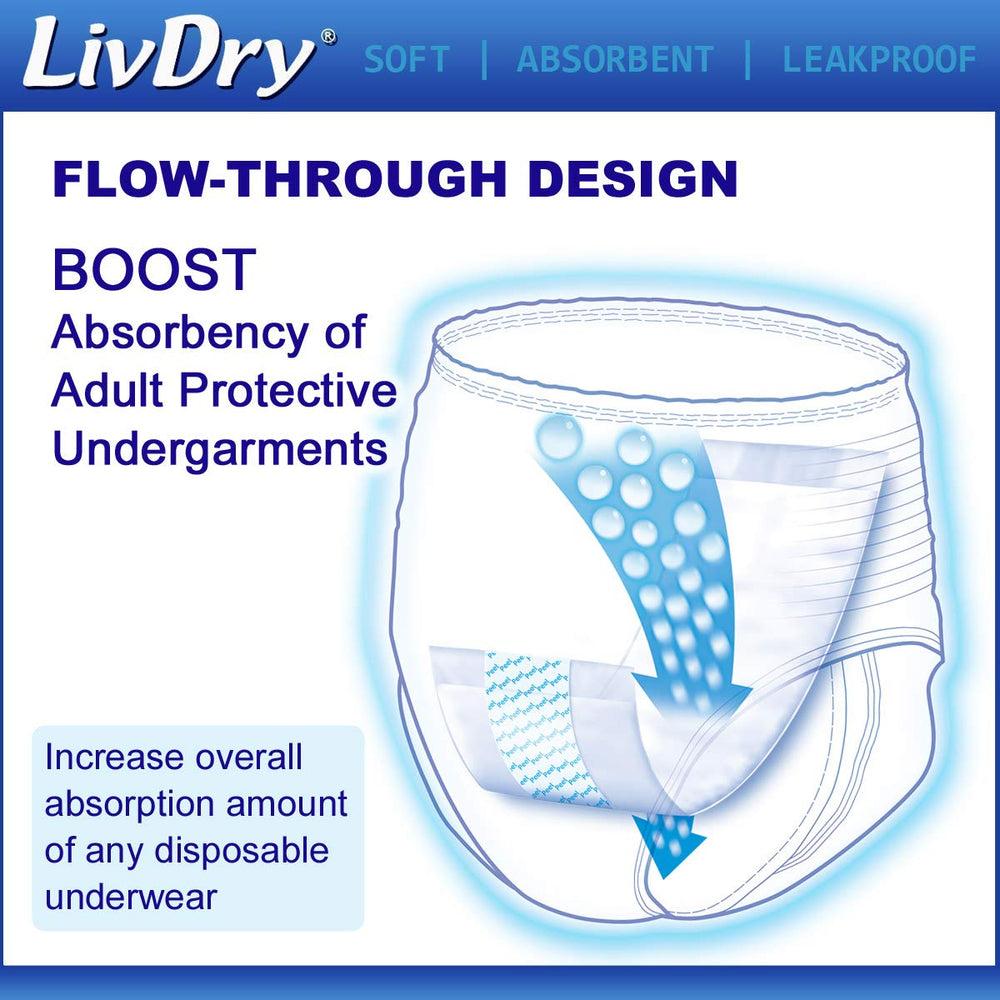 LivDry booster pad with adhesive strip shown for secure placement guidance.