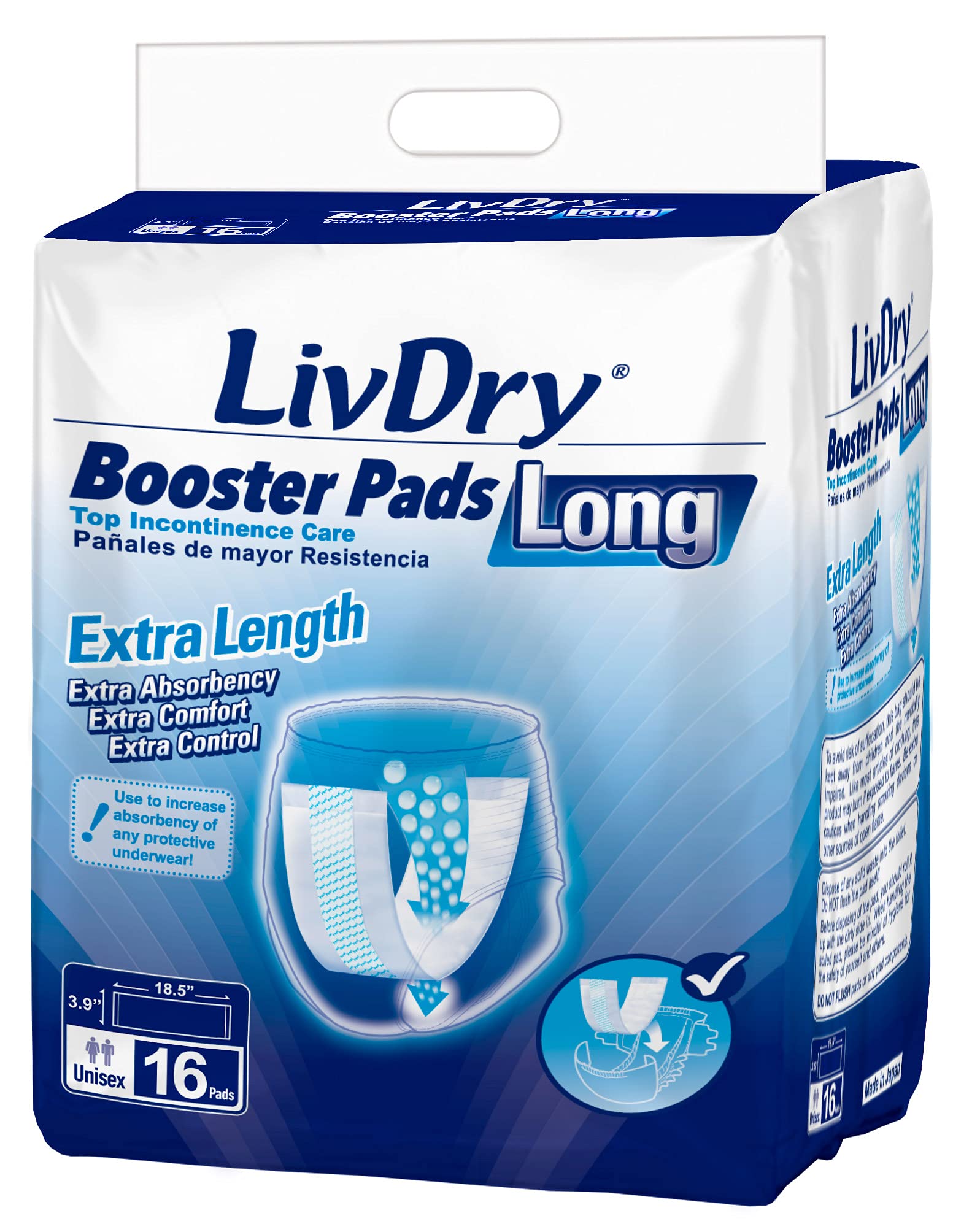 LivDry booster pad packaging view highlights long 18.5-inch length for extended protection.