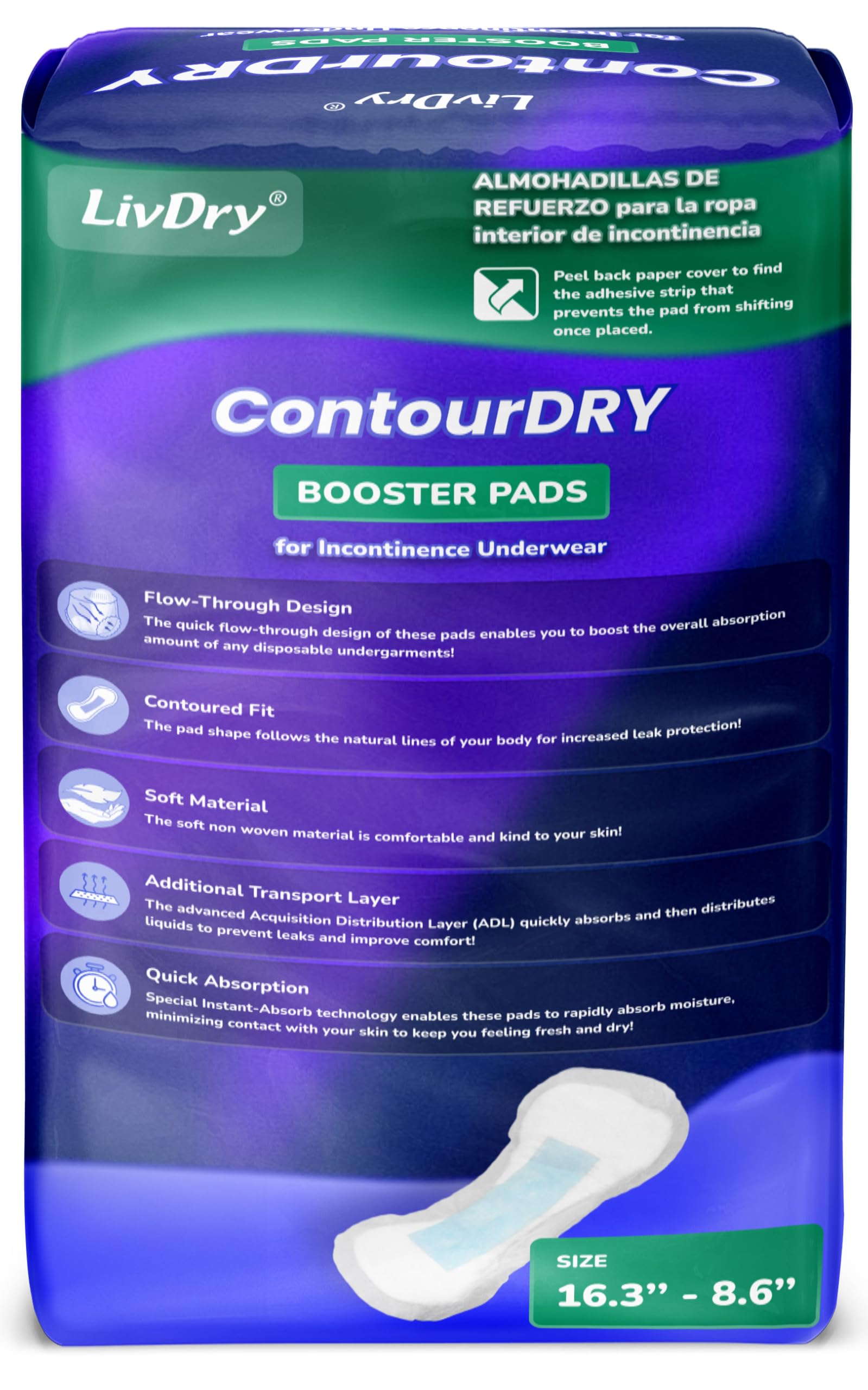 LivDry ContourDry Booster Pad XL secured with adhesive strip for quick placement.