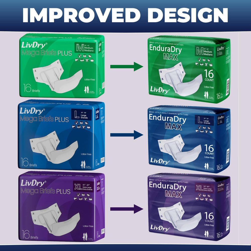 LivDry EnduraDry Max large 48-pack packaging for ongoing needs.