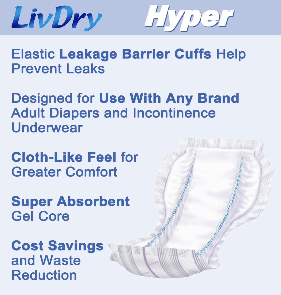 LivDry Hyper 2000 pad back panel ensures secure placement inside briefs.