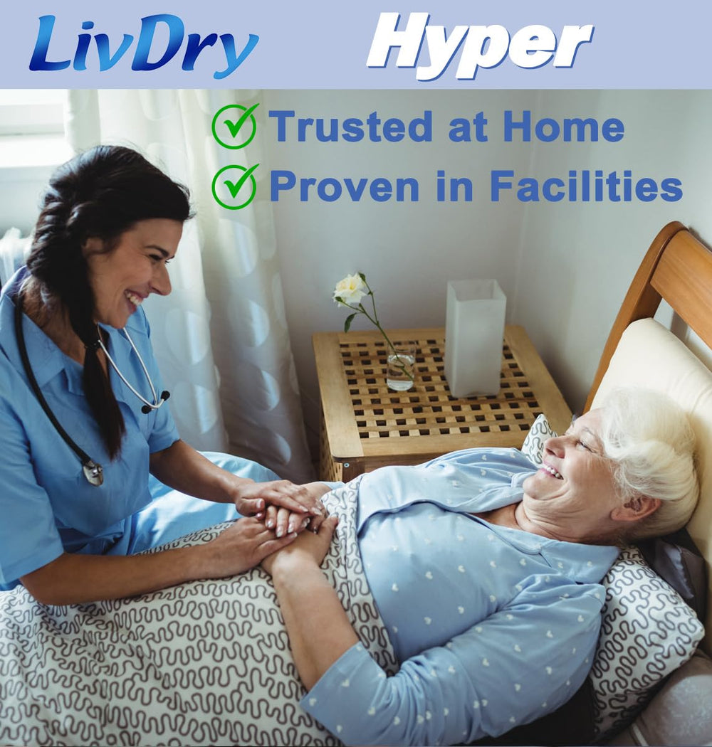LivDry Hyper 2000 pad shown inside a brief setup for caregivers.