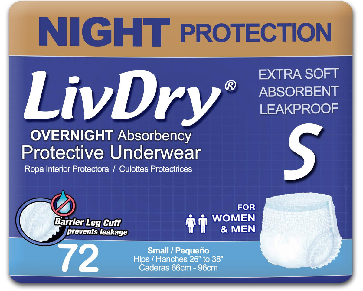LivDry overnight protective underwear small 72-pack in use for overnight protection