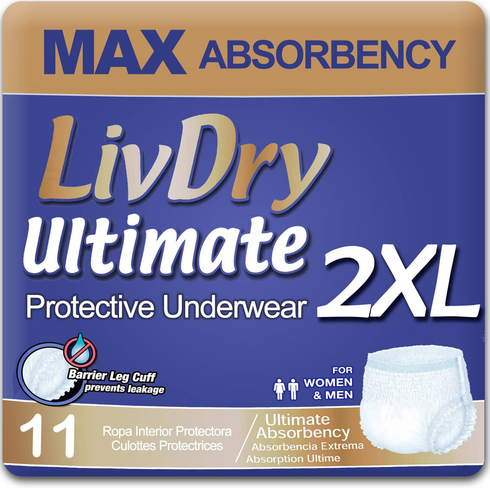 LivDry Ultimate 2XL underwear in packaging highlighting XXL size and fit.