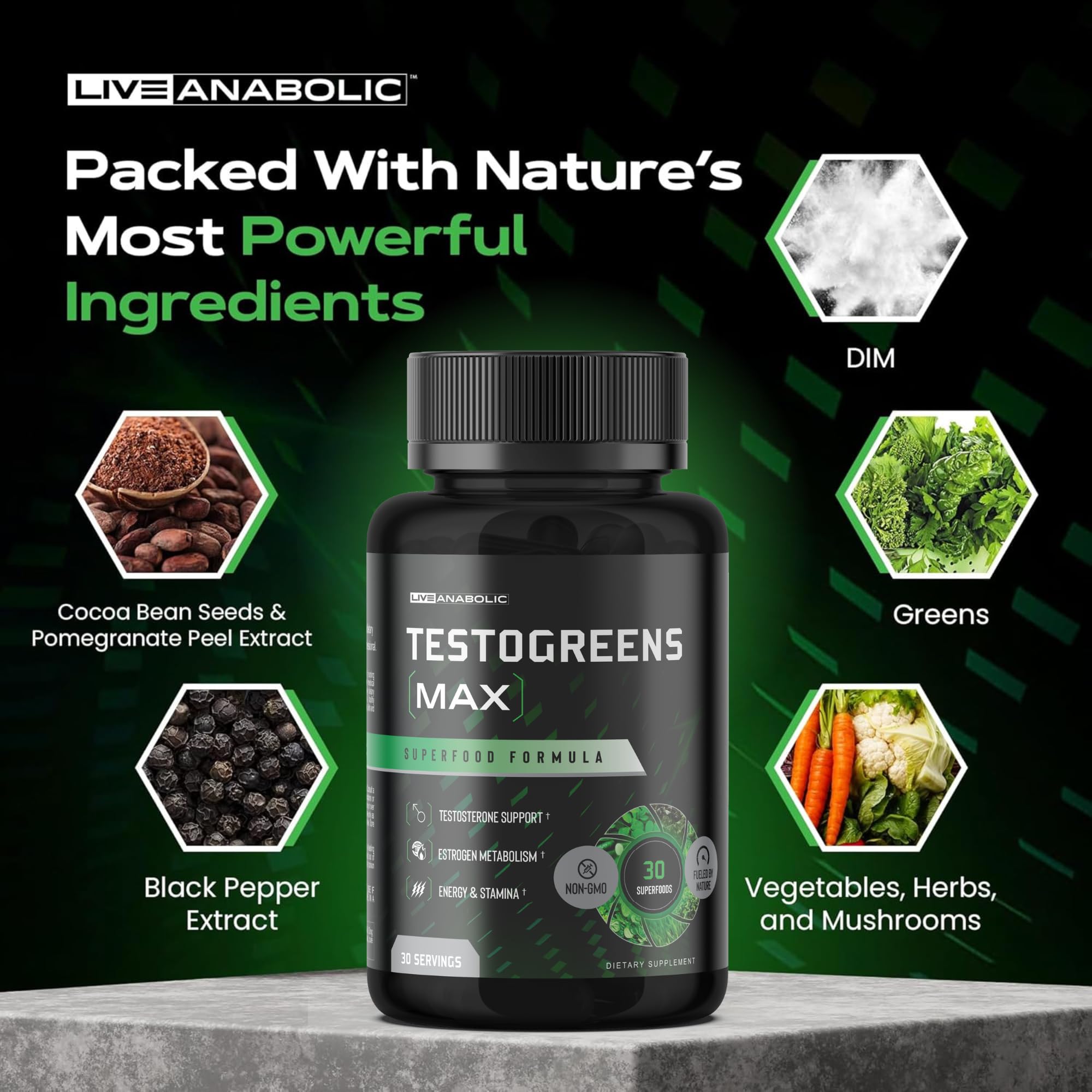 Live Anabolic TestoGreens Max bottle features black pepper for absorption