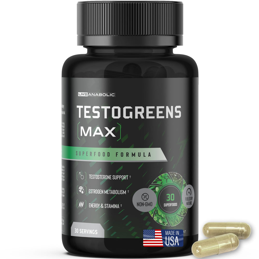 Live Anabolic TestoGreens Max bottle front showing daily greens for energy