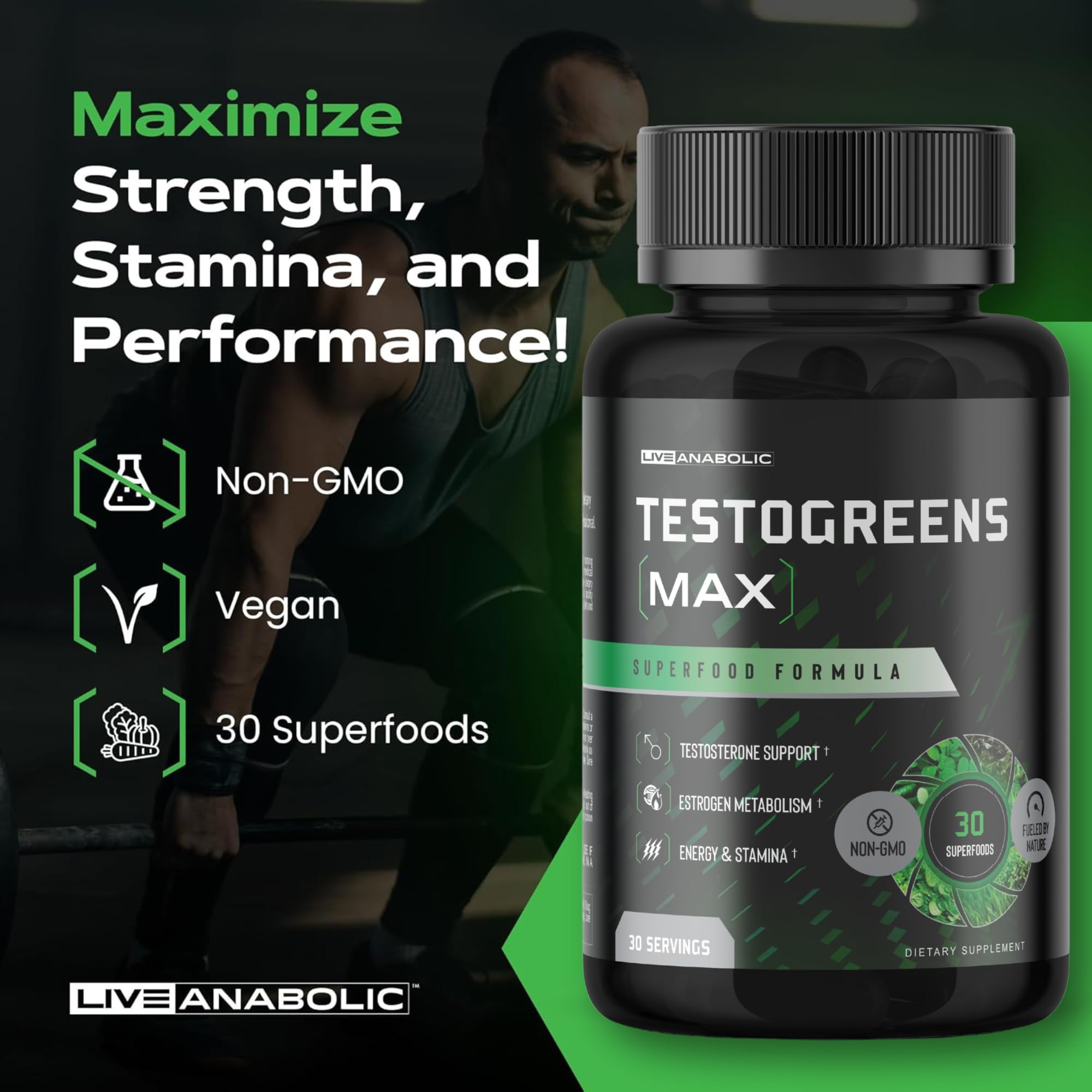 Live Anabolic TestoGreens Max energy boost concept on packaging