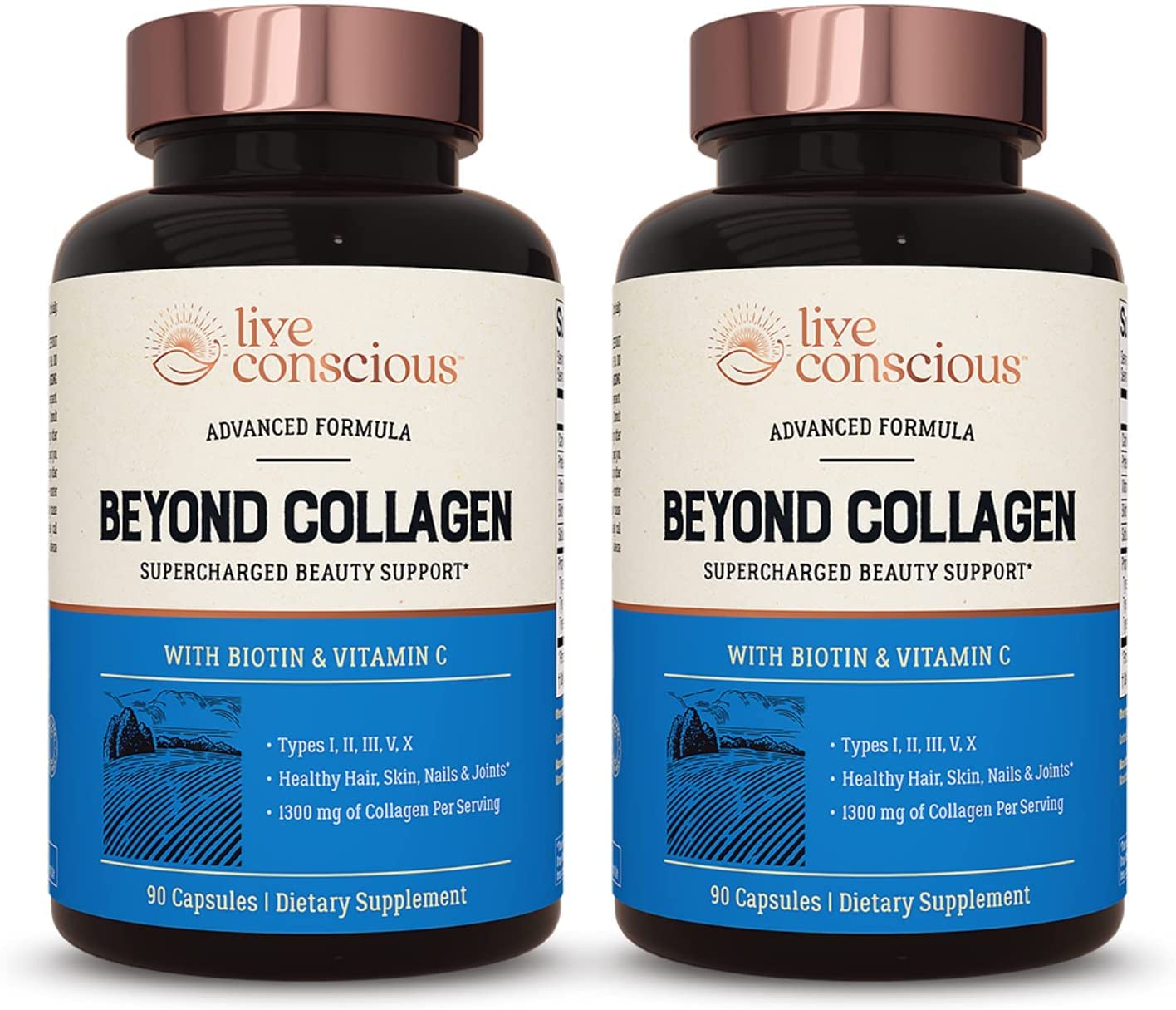 Live Conscious Beyond Collagen bottle front for daily beauty support in a 2-pack.