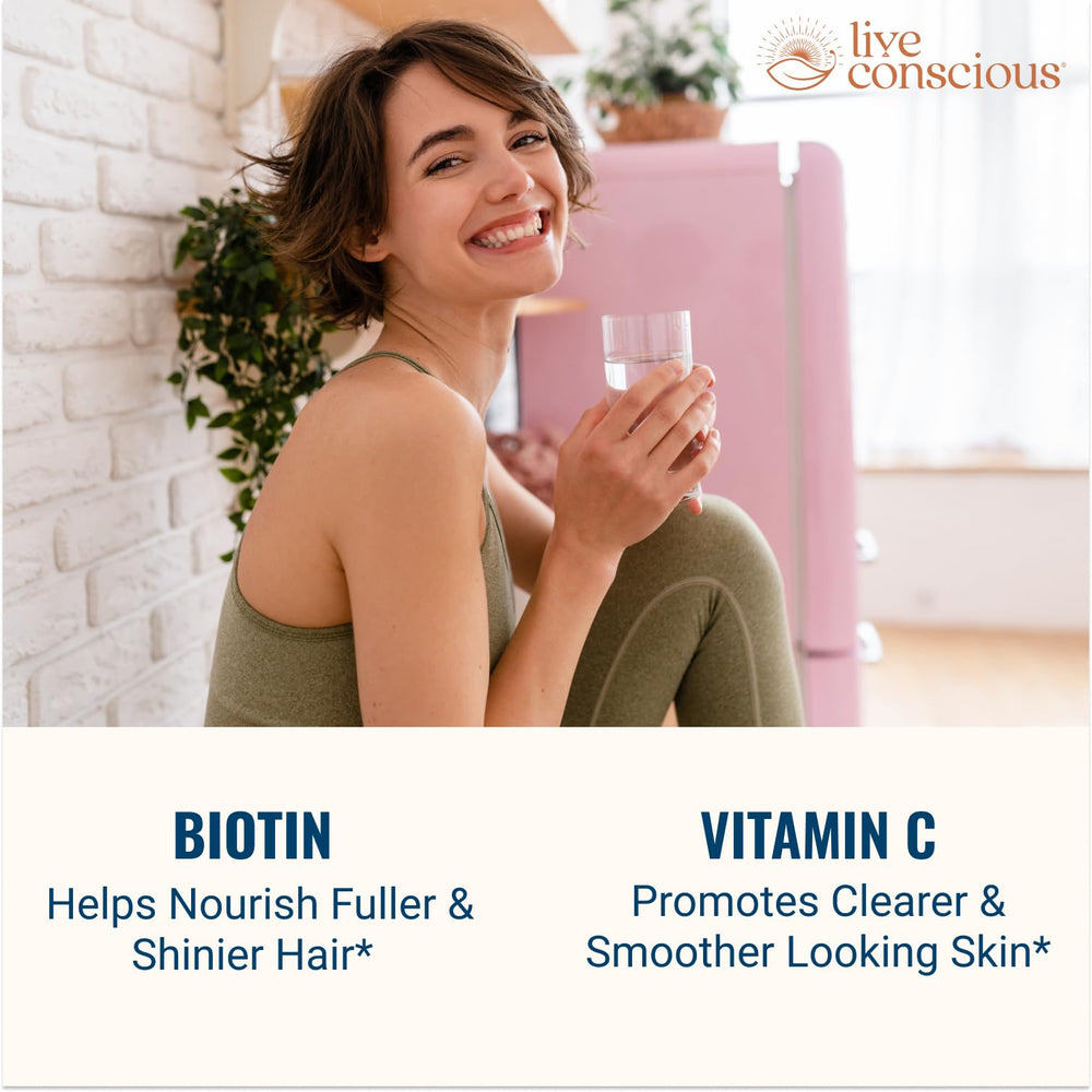 Live Conscious Beyond Collagen bottle front promoting 90 capsules for hair, skin and nails.