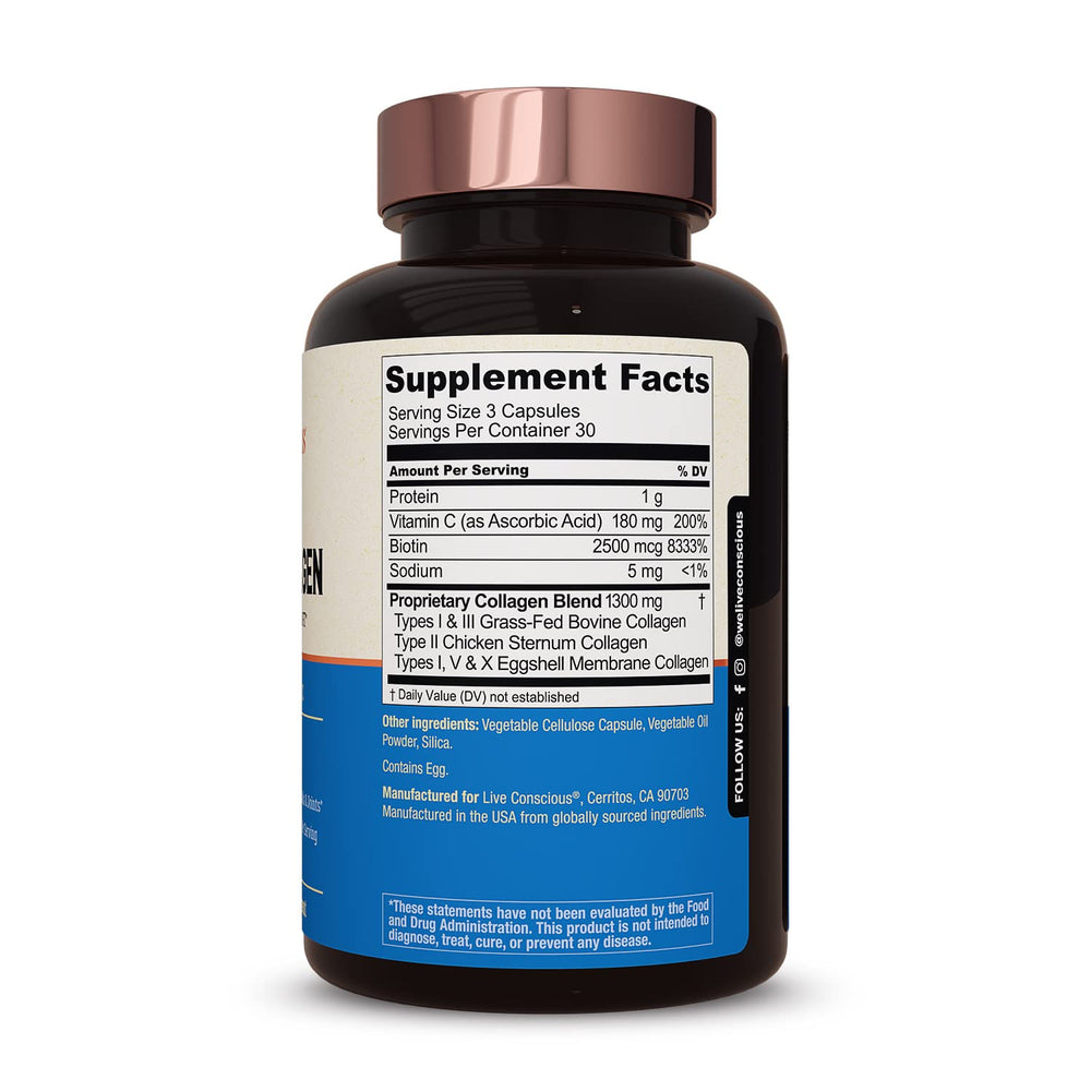 Live Conscious Beyond Collagen bottles and capsules arranged to show variety.