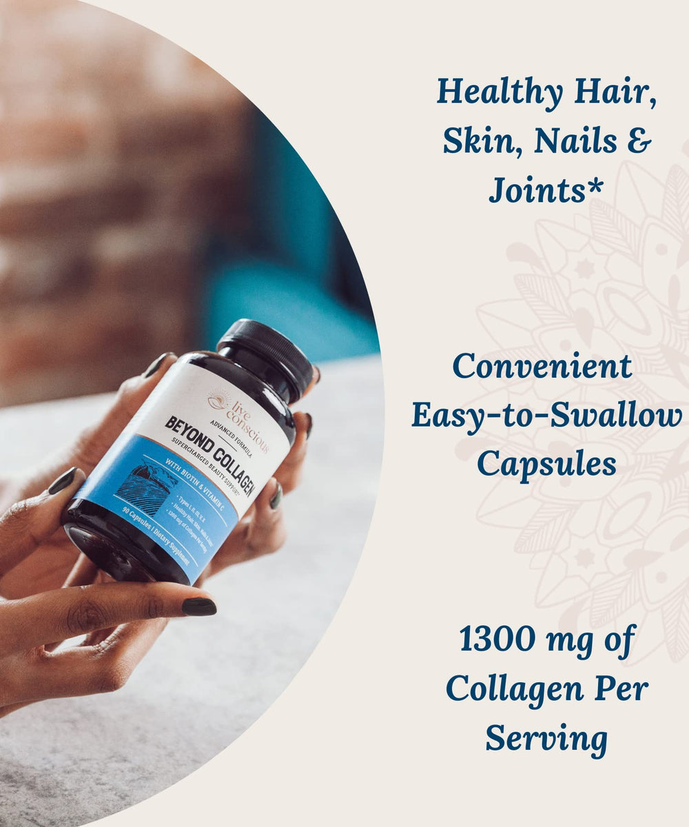 Live Conscious Beyond Collagen capsules on white background emphasizing premium ingredients.