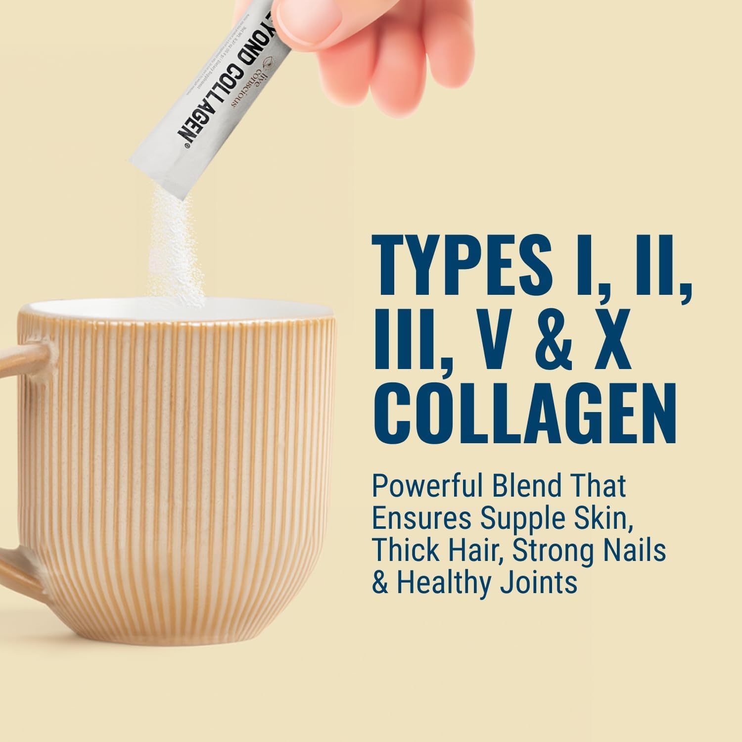 Live Conscious Beyond Collagen packets dispense area illustrating travel-friendly sachets.
