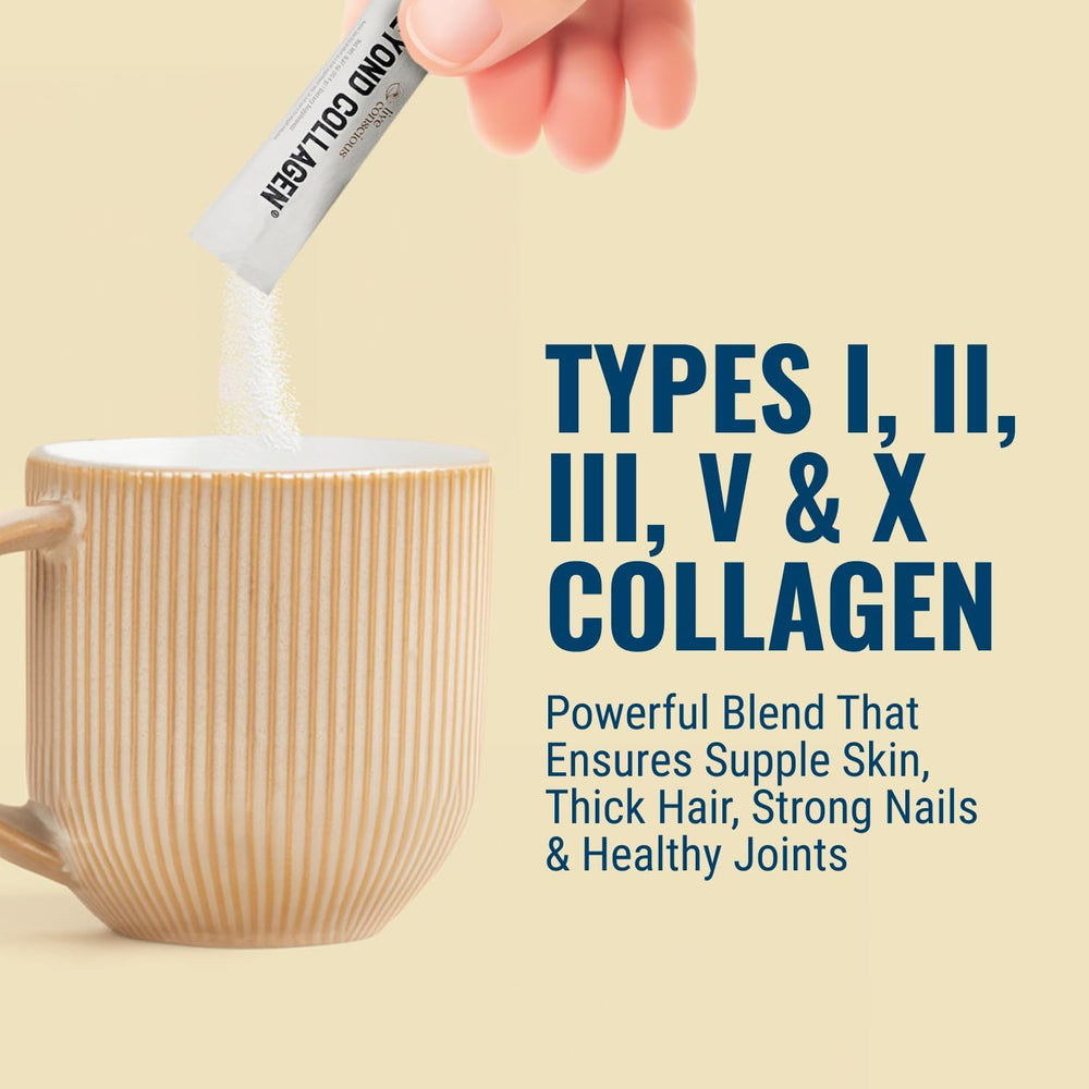 Live Conscious Beyond Collagen packets dispense area illustrating travel-friendly sachets.