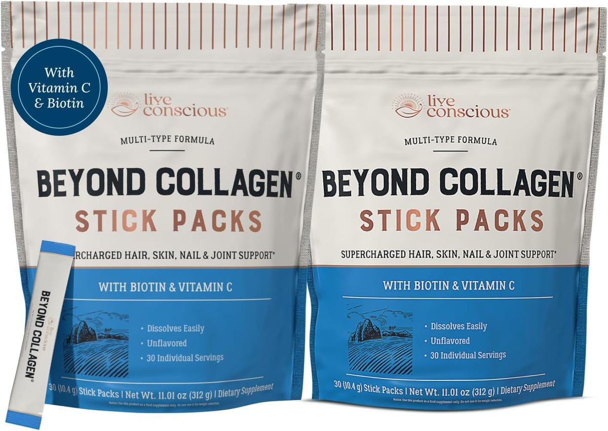 Live Conscious Beyond Collagen packets front view for on-the-go skin and hair support.