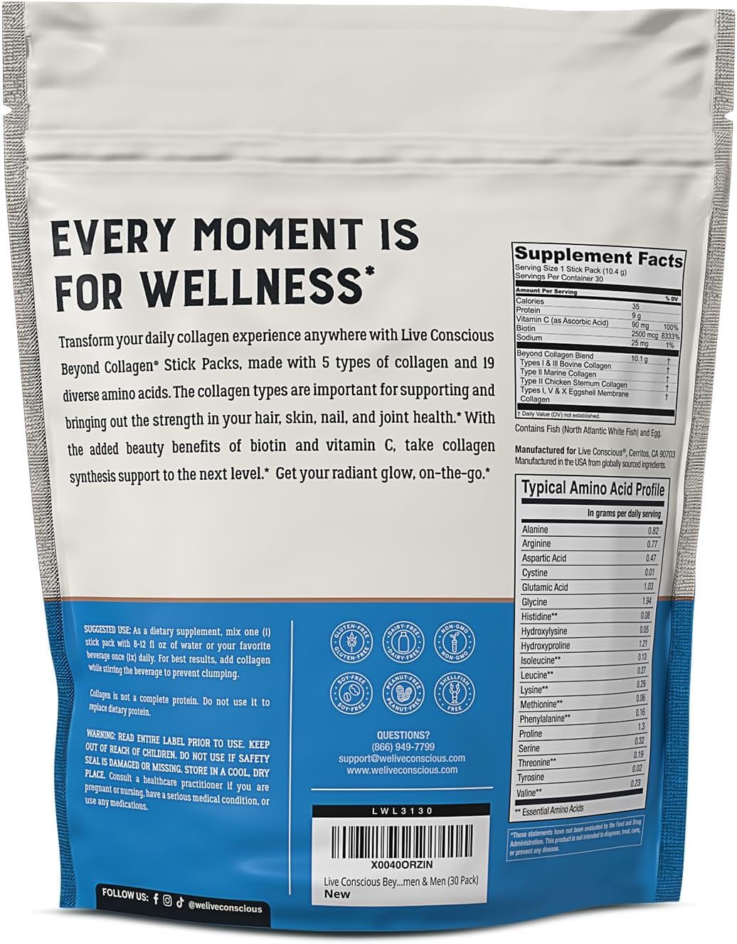 Live Conscious Beyond Collagen packets ingredient panel highlighting amino acids and vitamin C.