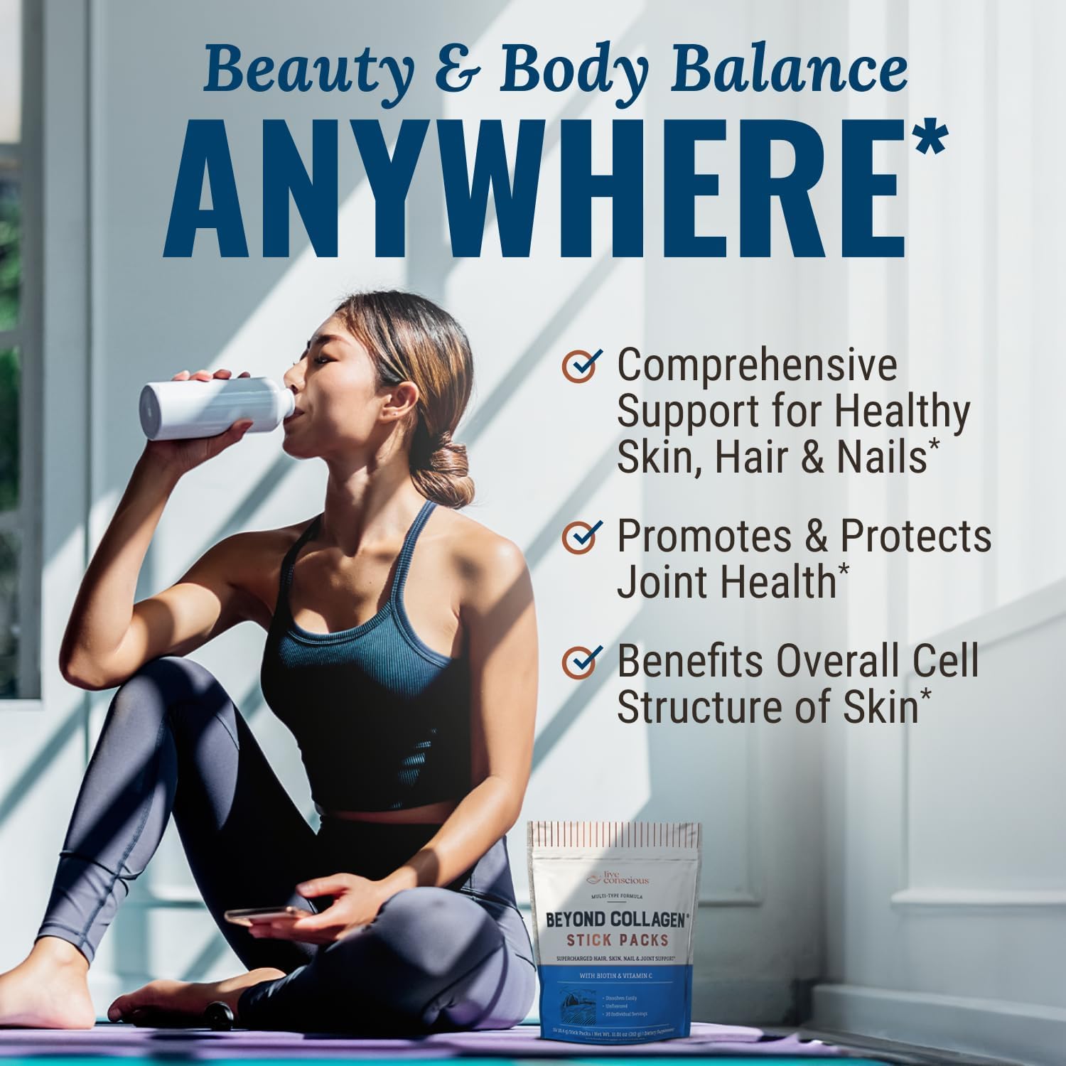 Live Conscious Beyond Collagen packets label detail highlighting multi-type collagen.