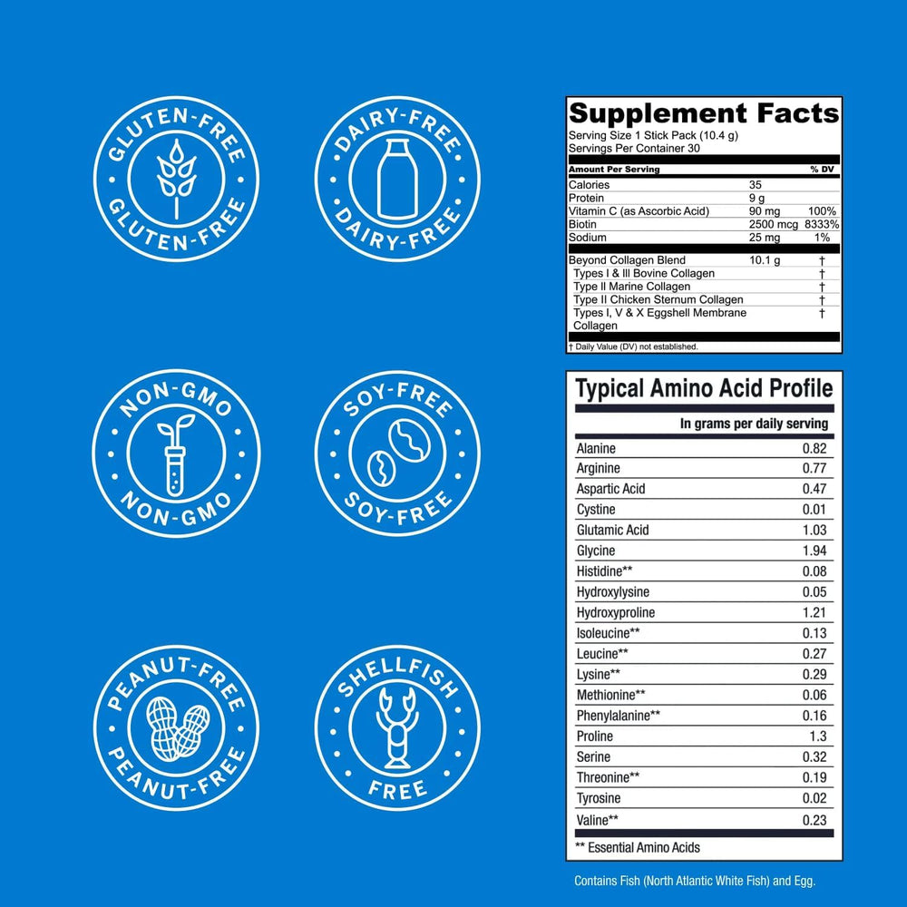 Live Conscious Beyond Collagen packets serving-size illustration with spoon.