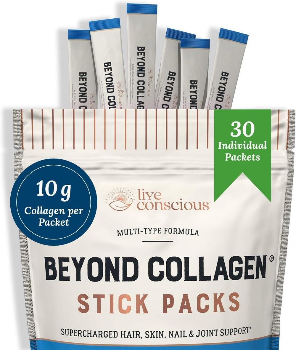Live Conscious Beyond Collagen packets unflavored powder visualization for mixed beverages.